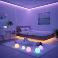 LED sensory lights glowing in calming purple and blue hues in a child's bedroom