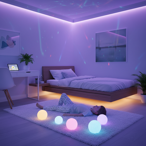LED sensory lights glowing in calming purple and blue hues in a child's bedroom